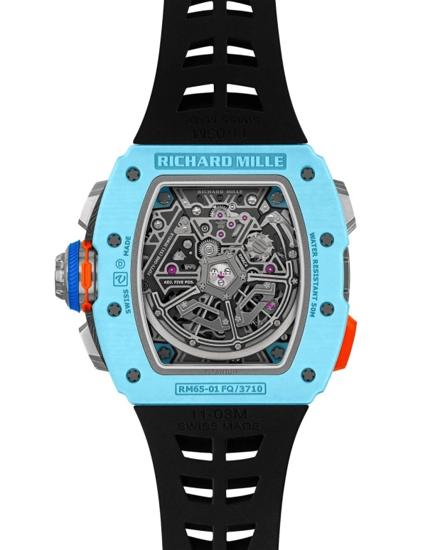 Richard Mille,Not Tourbillon 44.50x49.94mm,44.50x49.94mm,Quartz TPT,Skeleton,Automatic,Chronograph,Day,Flyback,Rattrapante,In-house Caliber,Sapphire,Crystal Glass,RM 65,RM 65-01 PASTEL BLUE