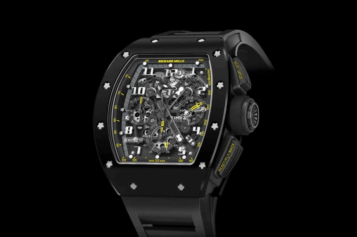 Richard Mille,Not Tourbillon 50x40mm,50x40mm,Ceramic,Skeleton,Automatic,Chronograph,Month,Day,Flyback,Sapphire,Tonneau,RM 011 Yellow Flash