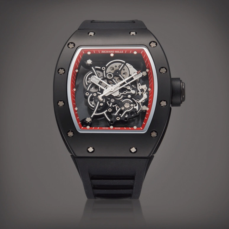 Richard Mille,Not Tourbillon 42.70x49.90mm,42.70x49.90mm,Titanium,Black,Red,Skeleton,Handwound,Tonneau,Black,RM 055 Bubba Watson Red Drive