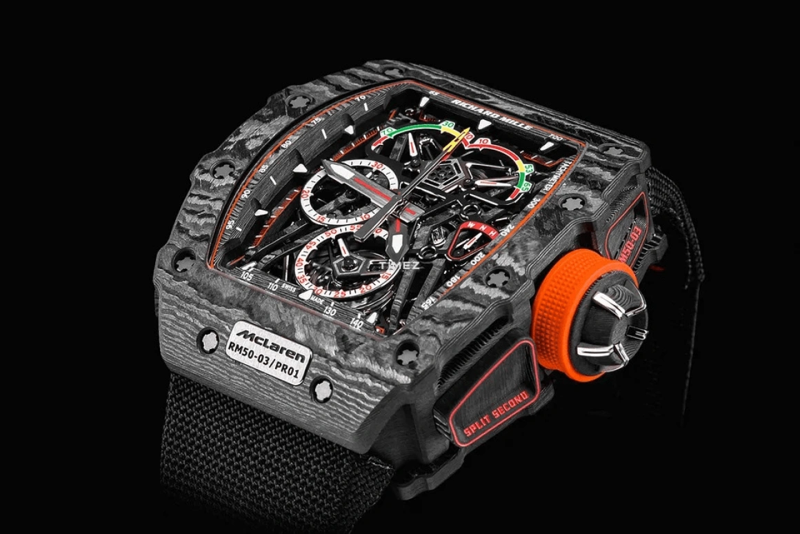 Richard Mille,Tourbillon 44.50x49.65mm,44.50x49.65mm,Carbon TPT,Skeleton,Handwound,Chronograph,Power Reserve Indicator,Tourbillon,Rattrapante,Tonneau,RM 50,RM 50-03 Tourbillon McLaren F1