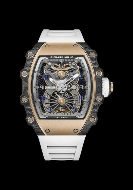 Richard Mille,Tourbillon 42.68x50.12mm,42.68x50.12mm,Gold,Carbon TPT,Skeleton,Handwound,Power Reserve Indicator,Tourbillon,Function Selector,Torque Indicator,70hours,In-house Caliber,RM 21,RM 21-01