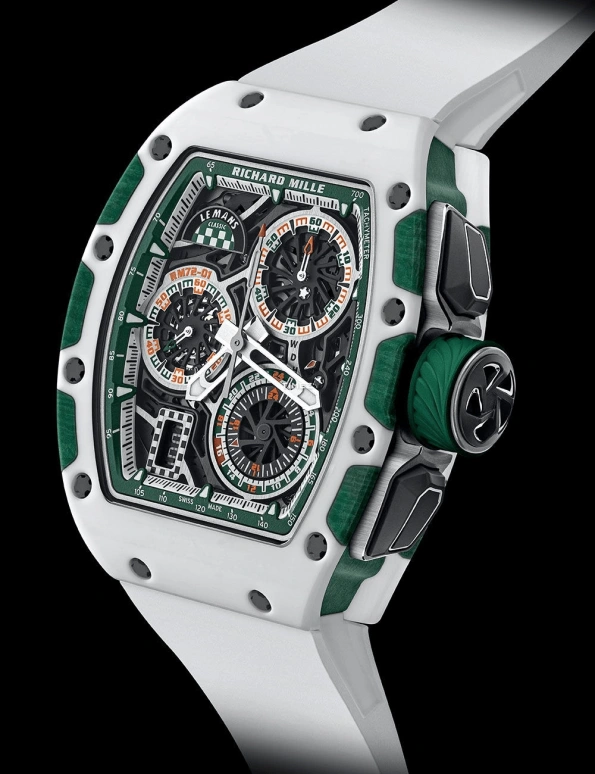 Richard Mille,Not Tourbillon 38.40x47.34mm,38.40x47.34mm,NTPT,Ceramic,Green,Skeleton,Automatic,Chronograph,Day,Flyback,Function Selector,Sapphire,Tonneau,Reece James,RM 72,RM 72-01 Le Mans Classic
