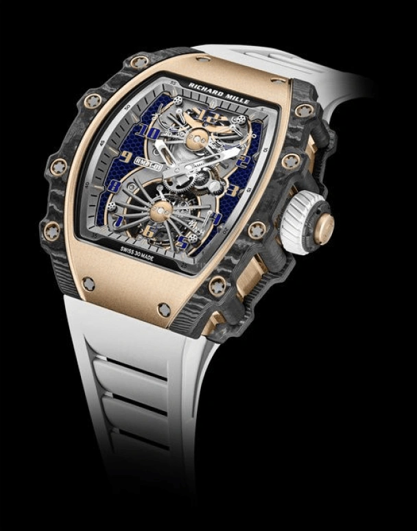 Richard Mille,Tourbillon 42.68x50.12mm,42.68x50.12mm,Gold,Carbon TPT,Skeleton,Handwound,Power Reserve Indicator,Tourbillon,Function Selector,Torque Indicator,70hours,In-house Caliber,RM 21,RM 21-01