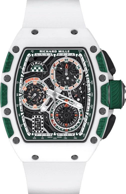 Richard Mille,Not Tourbillon 38.40x47.34mm,38.40x47.34mm,NTPT,Ceramic,Green,Skeleton,Automatic,Chronograph,Day,Flyback,Function Selector,Sapphire,Tonneau,Reece James,RM 72,RM 72-01 Le Mans Classic