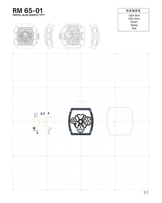 Richard Mille,Not Tourbillon 44.50x49.94mm,44.50x49.94mm,Quartz TPT,Skeleton,Automatic,Chronograph,Day,Flyback,Rattrapante,In-house Caliber,Sapphire,Crystal Glass,RM 65,RM 65-01 PASTEL BLUE