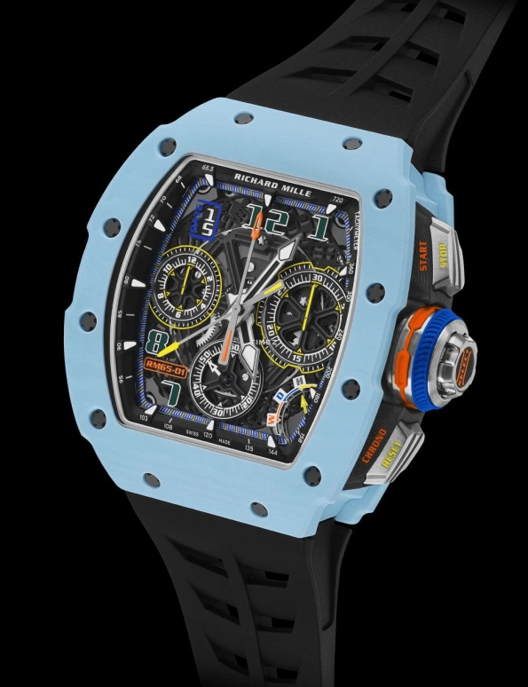 Richard Mille,Not Tourbillon 44.50x49.94mm,44.50x49.94mm,Quartz TPT,Skeleton,Automatic,Chronograph,Day,Flyback,Rattrapante,In-house Caliber,Sapphire,Crystal Glass,RM 65,RM 65-01 PASTEL BLUE