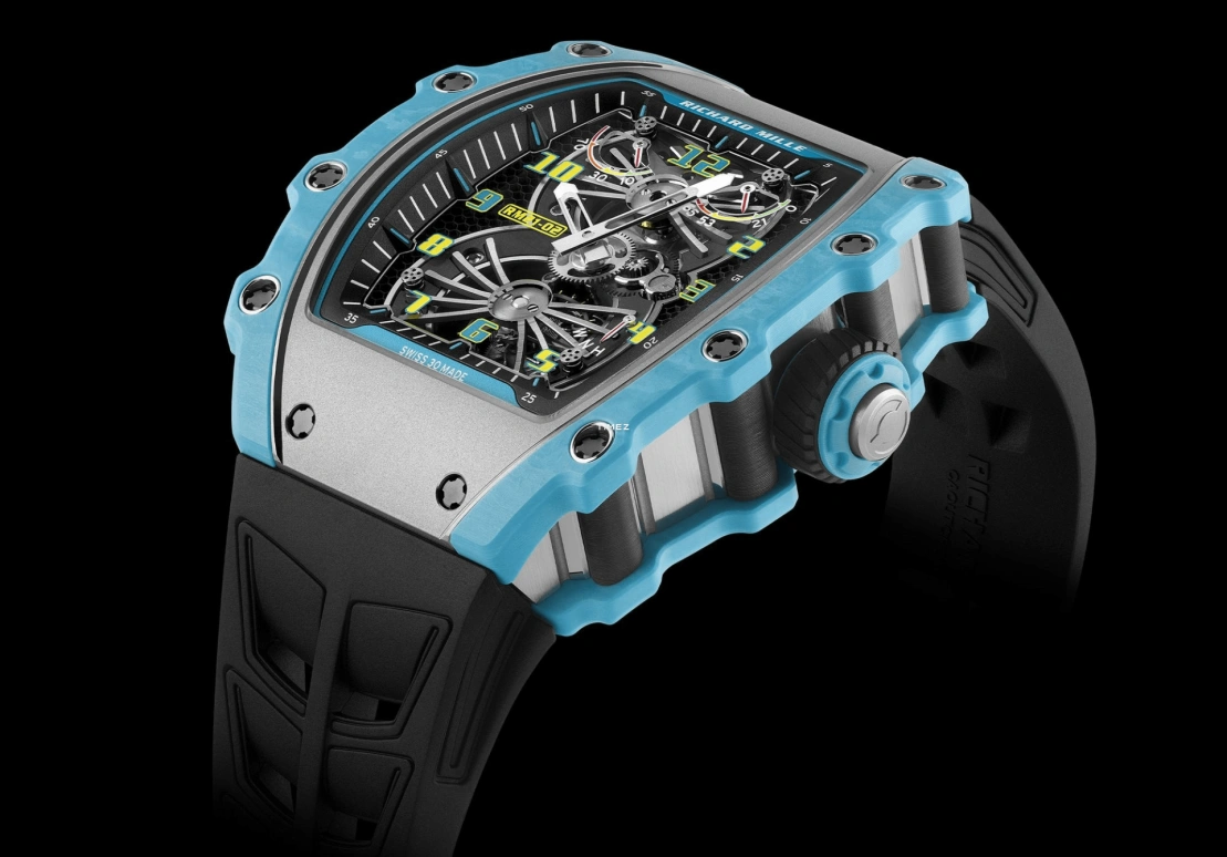 Richard Mille,Tourbillon 42.68x50.12mm,42.68x50.12mm,Titanium,Quartz TPT,Carbon TPT,Skeleton,Handwound,Tourbillon,Function Selector,RM 21,RM 21-02 Tourbillon Aerodyne BLUE
