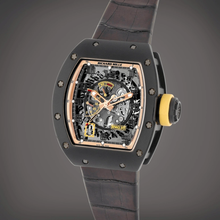 Richard Mille,Not Tourbillon 42.70x50mm,42.70x50mm,Carbon,Black,Skeleton,Automatic,Day,Power Reserve Indicator,RM 030 Asian Boutique Carbon