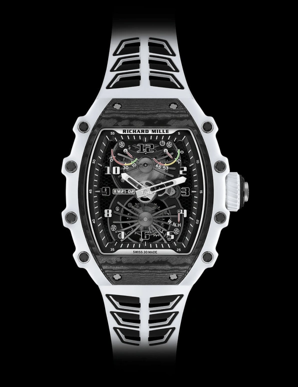 Richard Mille,Tourbillon 42.68x50.12mm,42.68x50.12mm,Titanium,Quartz TPT,Carbon TPT,Skeleton,Handwound,Power Reserve Indicator,Tourbillon,Function Selector,RM 21,RM 21-02 Tourbillon Aerodyne WHITE