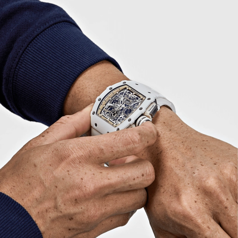 Richard Mille,Not Tourbillon 49.94x44.50mm,49.94x44.50mm,Ceramic,Titanium,Black,Brown,Automatic,Countdown,Chronograph,Month,Flyback,55hours,In-house Caliber,RM 11,RM 11-03 Last White Edition