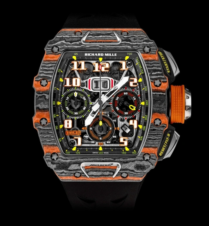 Richard Mille,Not Tourbillon 49.94x44.50mm,49.94x44.50mm,Carbon TPT,Skeleton,Automatic,Countdown,Chronograph,Month,Flyback,Sapphire,Tonneau,RM 11,RM 11-03 Flyback Chronograph McLaren NTPT
