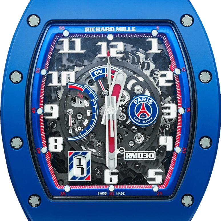 Richard Mille,Not Tourbillon 42.70x50mm,42.70x50mm,Ceramic,Blue,Skeleton,Automatic,Day,Power Reserve Indicator,RM 030 PSG Edition