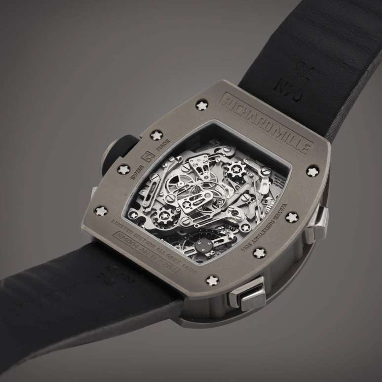 Richard Mille,Not Tourbillon 39.70x48mm,39.70x48mm,Titanium,Skeleton,Grey,Handwound,Chronograph,Power Reserve Indicator,Rattrapante,Function Selector,Sapphire,Tonneau,RM 004 V2 All Gray
