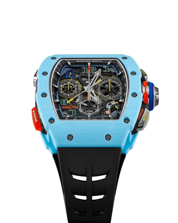 Richard Mille,Not Tourbillon 44.50x49.94mm,44.50x49.94mm,Quartz TPT,Skeleton,Automatic,Chronograph,Day,Flyback,Rattrapante,In-house Caliber,Sapphire,Crystal Glass,RM 65,RM 65-01 PASTEL BLUE