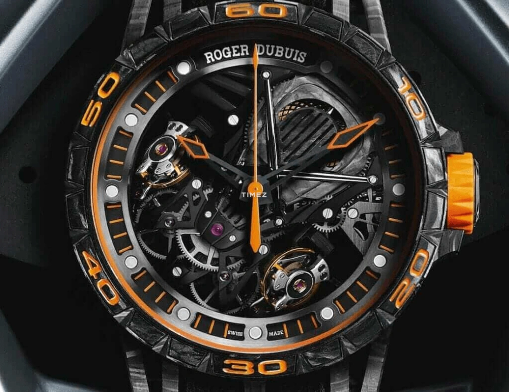 Roger Dubuis,Excalibur 45mm,45mm,Carbon,Luminous,White,Black,Orange,Handwound,Power Reserve Indicator,40hours,RDDBEX0624