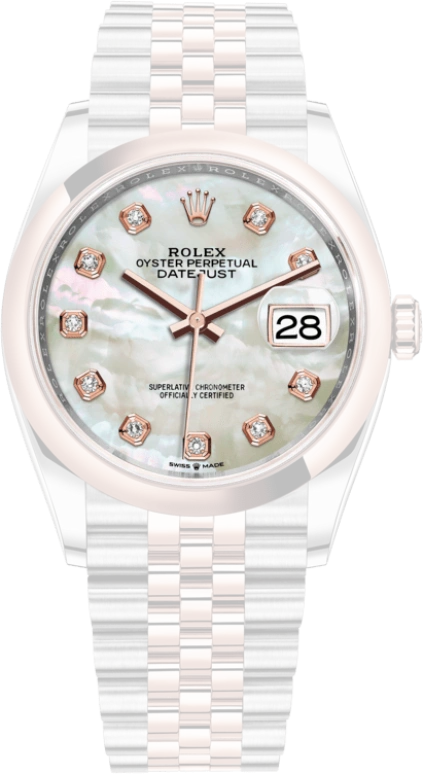 Rolex,Datejust 36 36mm,36mm,Rose Gold,Stainless Steel,White,Automatic,Day,70hours,126201,126201-0021