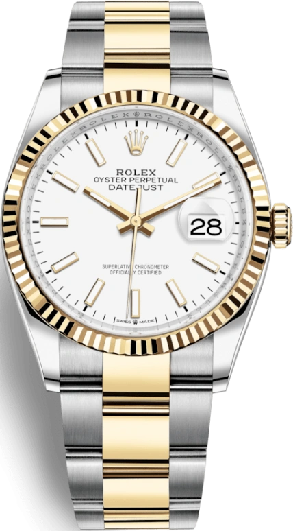 Rolex,Datejust 36 36mm,36mm,Yellow Gold,Stainless Steel,White,Automatic,Day,70hours,126233,126233-0020