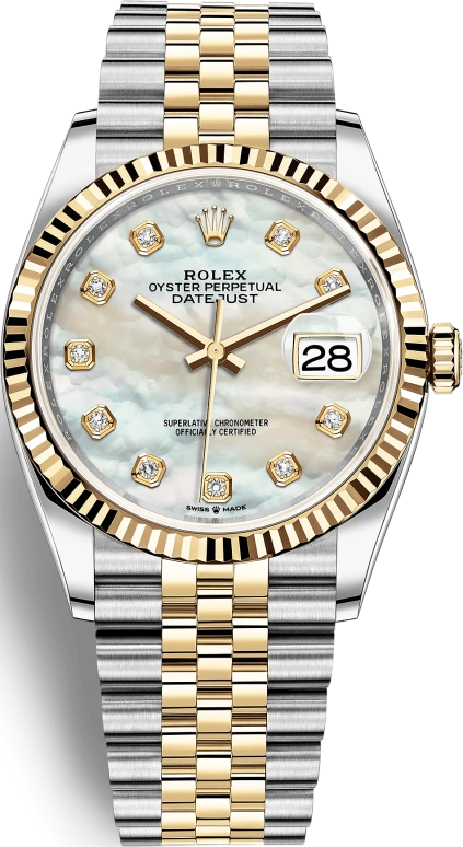 Rolex,Datejust 36 36mm,36mm,Yellow Gold,Stainless Steel,White,Automatic,Day,70hours,126233,126233-0023