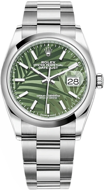 Rolex,Datejust 36 36mm,36mm,Stainless Steel,Green,Automatic,Day,70hours,126200,126200-0020
