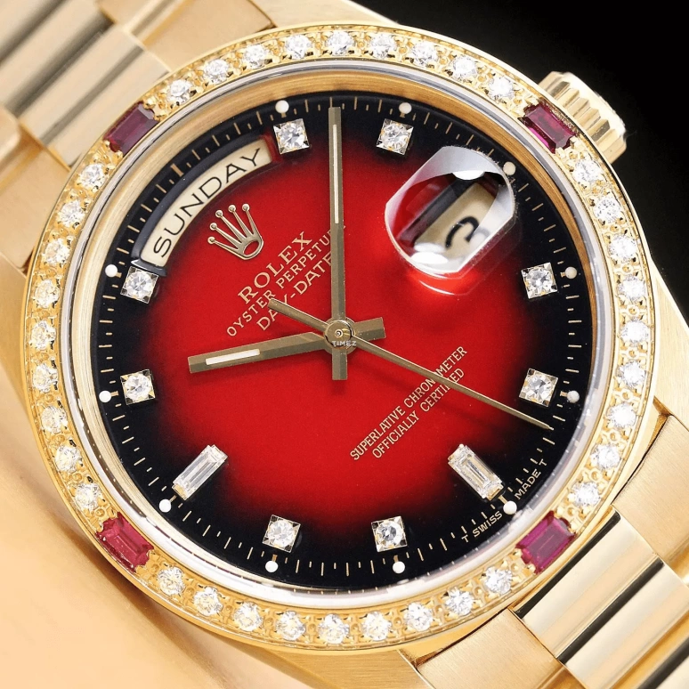 Rolex,Day-Date 36 36mm,36mm,Yellow Gold,Red,Black,Gradient,Automatic,Date,Day,18238 Ruby Diamond