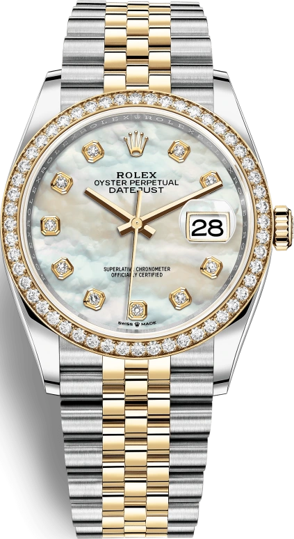 Rolex,Datejust 36 36mm,36mm,Yellow Gold,Stainless Steel,White,Automatic,Day,70hours,126283RBR,126283RBR-0009