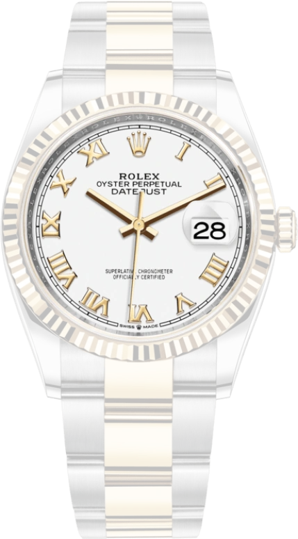 Rolex,Datejust 36 36mm,36mm,Yellow Gold,Stainless Steel,White,Automatic,Day,70hours,126233,126233-0030