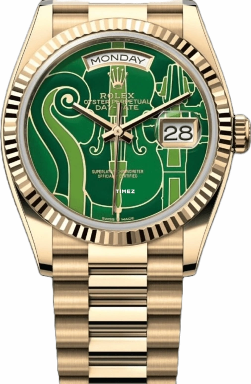 Rolex,Day-Date 36 36mm,36mm,Yellow Gold,Green,Automatic,Date,Day,Vienna Philharmonic