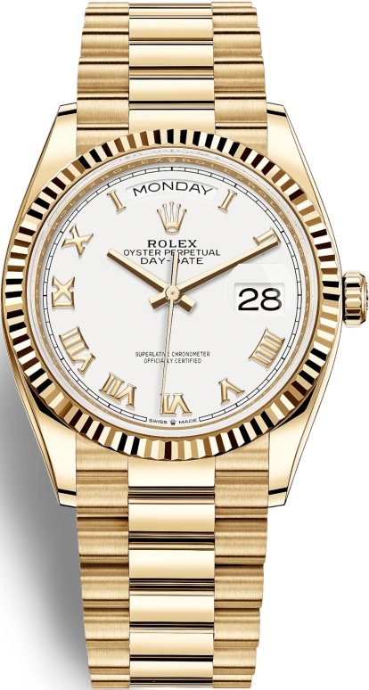 Rolex,Day-Date 36 36mm,36mm,Yellow Gold,White,Automatic,Date,Day,128238,128238-0076