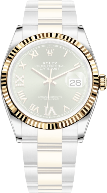 Rolex,Datejust 36 36mm,36mm,Yellow Gold,Stainless Steel,Green,Automatic,Day,70hours,126233,126233-0026