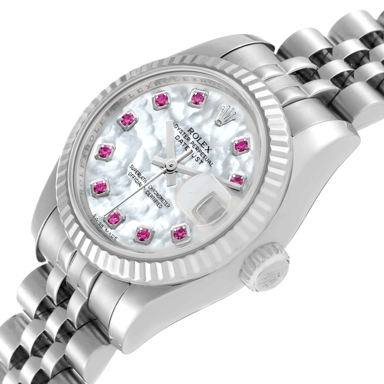 Rolex,Lady-Datejust 26mm,26mm,Stainless Steel,Silver White,White,Automatic,Day,48hours,179174 MOP Ruby
