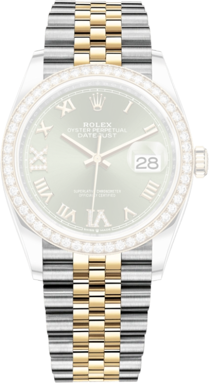 Rolex,Datejust 36 36mm,36mm,Yellow Gold,Stainless Steel,Green,Automatic,Day,70hours,126283RBR,126283RBR-0011