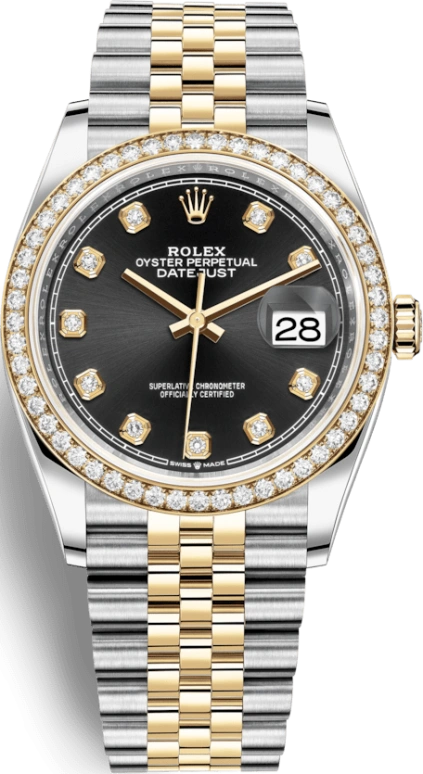 Rolex,Datejust 36 36mm,36mm,Yellow Gold,Stainless Steel,Black,Automatic,Day,70hours,126283RBR,126283RBR-0007