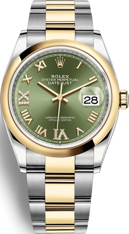 Rolex,Datejust 36 36mm,36mm,Yellow Gold,Oystersteel,Green,Automatic,Day,70hours,126203,126203-0026