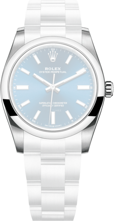 Rolex,Oyster Perpetual 34mm,34mm,Stainless Steel,Blue,Automatic,55hours,In-house Caliber,124200,124200-0003