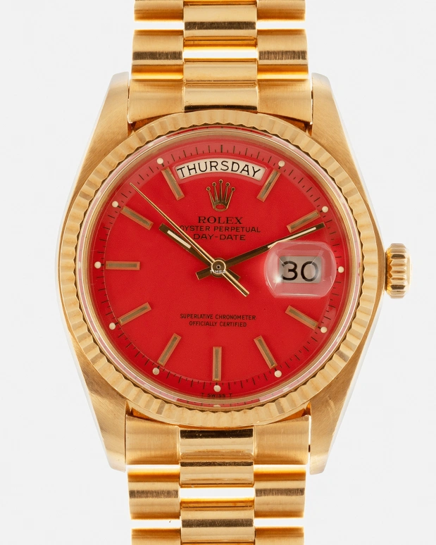 Rolex,Day-Date 36 36mm,36mm,Yellow Gold,Red,Automatic,Date,Day,1803 Stella Coral Red President