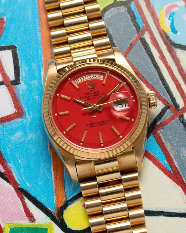 Rolex,Day-Date 36 36mm,36mm,Yellow Gold,Red,Automatic,Date,Day,1803 Stella Coral Red President