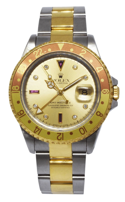 Rolex,GMT-Master II 40mm,40mm,Oystersteel,Yellow Gold,Gold,Automatic,Day,Dule Time,Jason Momoa,16713 ROOTBEER SERTI DIAL