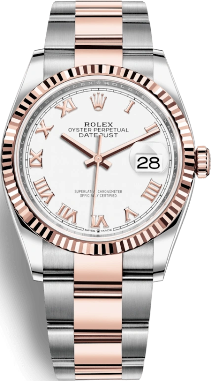 Rolex,Datejust 36 36mm,36mm,Rose Gold,Stainless Steel,White,Automatic,Day,70hours,126231,126231-0016