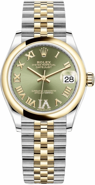 Rolex,Datejust 31 31mm,31mm,Yellow Gold,Stainless Steel,Green,Automatic,Day,55hours,278243,278243-0016
