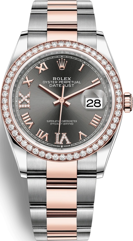 Rolex,Datejust 36 36mm,36mm,Rose Gold,Stainless Steel,Grey,Automatic,Day,70hours,126281RBR,126281RBR-0012