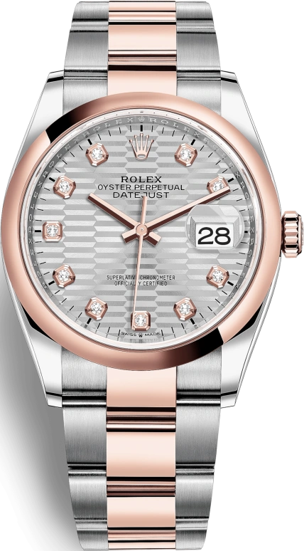 Rolex,Datejust 36 36mm,36mm,Rose Gold,Stainless Steel,Silver,Automatic,Day,70hours,126201,126201-0040
