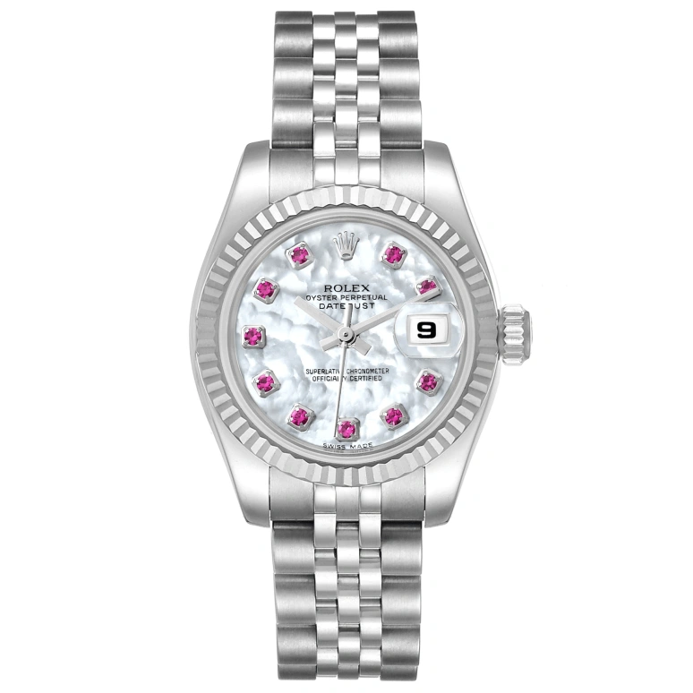 Rolex,Lady-Datejust 26mm,26mm,Stainless Steel,Silver White,White,Automatic,Day,48hours,179174 MOP Ruby