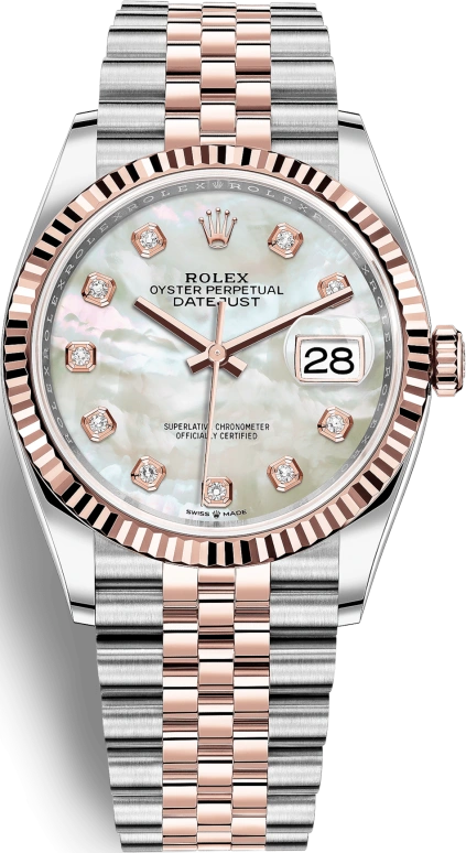 Rolex,Datejust 36 36mm,36mm,Rose Gold,Stainless Steel,White,Automatic,Day,70hours,126231,126231-0021
