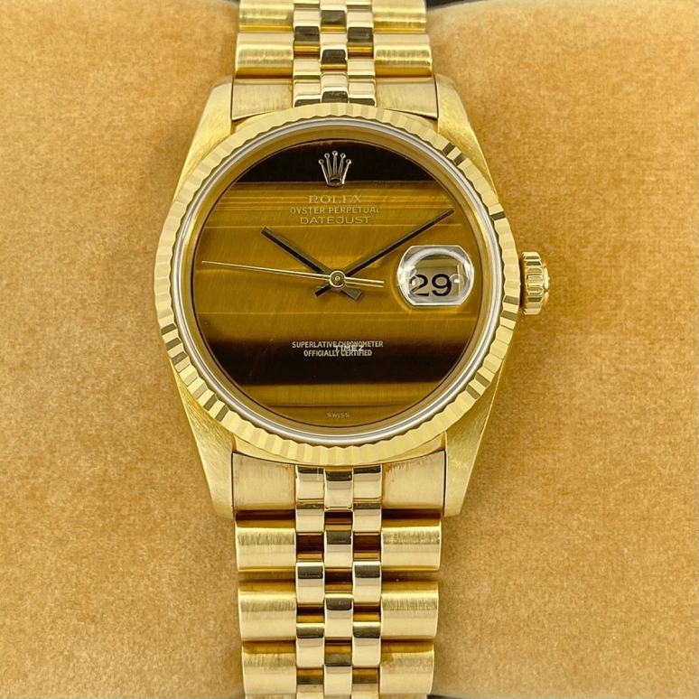 Rolex,Datejust 36 36mm,36mm,Yellow Gold,Black,Brown,Yellow,Automatic,Day,48hours,16238 Tiger Eye