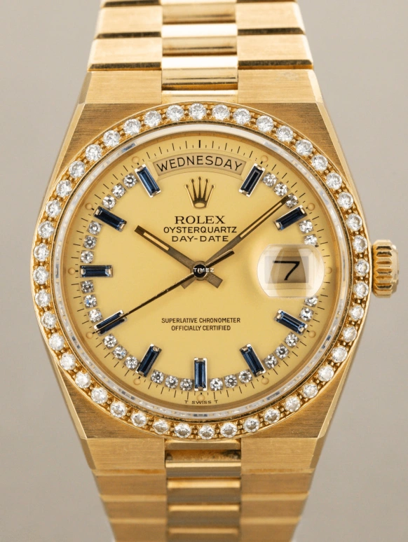 Rolex,Day-Date 36 36mm,36mm,Yellow Gold,Gold,Champagne,Quartz,Date,Day,19048,19048-Sapphire Diamond