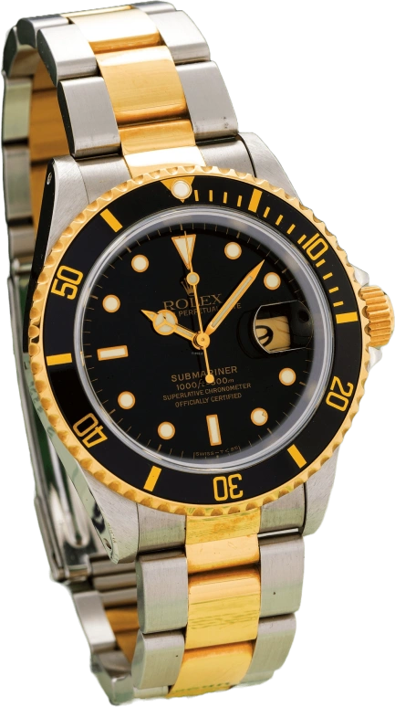 Rolex,Submariner 40mm,40mm,Yellow Gold,Stainless Steel,Aluminum Oxide,Black,Automatic,Day,48hours,16613 BLACK TRITIUM