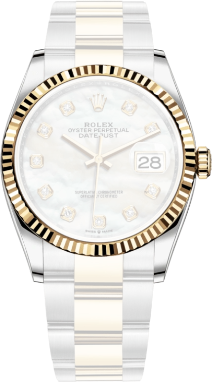 Rolex,Datejust 36 36mm,36mm,Yellow Gold,Stainless Steel,White,Automatic,Day,70hours,126233,126233-0024