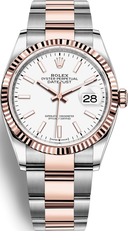 Rolex,Datejust 36 36mm,36mm,Rose Gold,Stainless Steel,White,Automatic,Day,70hours,126231,126231-0018