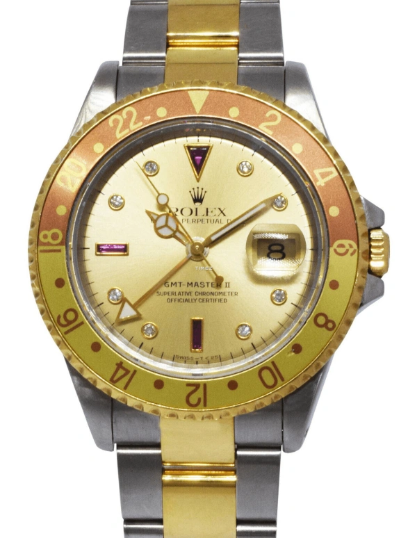 Rolex,GMT-Master II 40mm,40mm,Oystersteel,Yellow Gold,Gold,Automatic,Day,Dule Time,Jason Momoa,16713 ROOTBEER SERTI DIAL