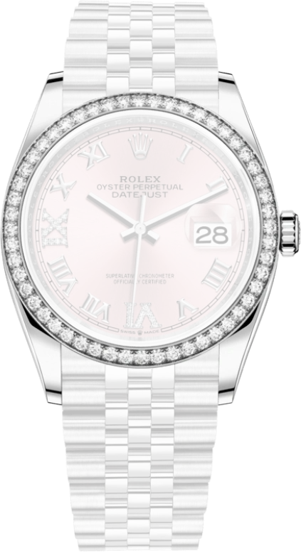 Rolex,Datejust 36 36mm,36mm,White Gold,Stainless Steel,Pink,Automatic,Day,70hours,126284RBR,126284RBR-0023